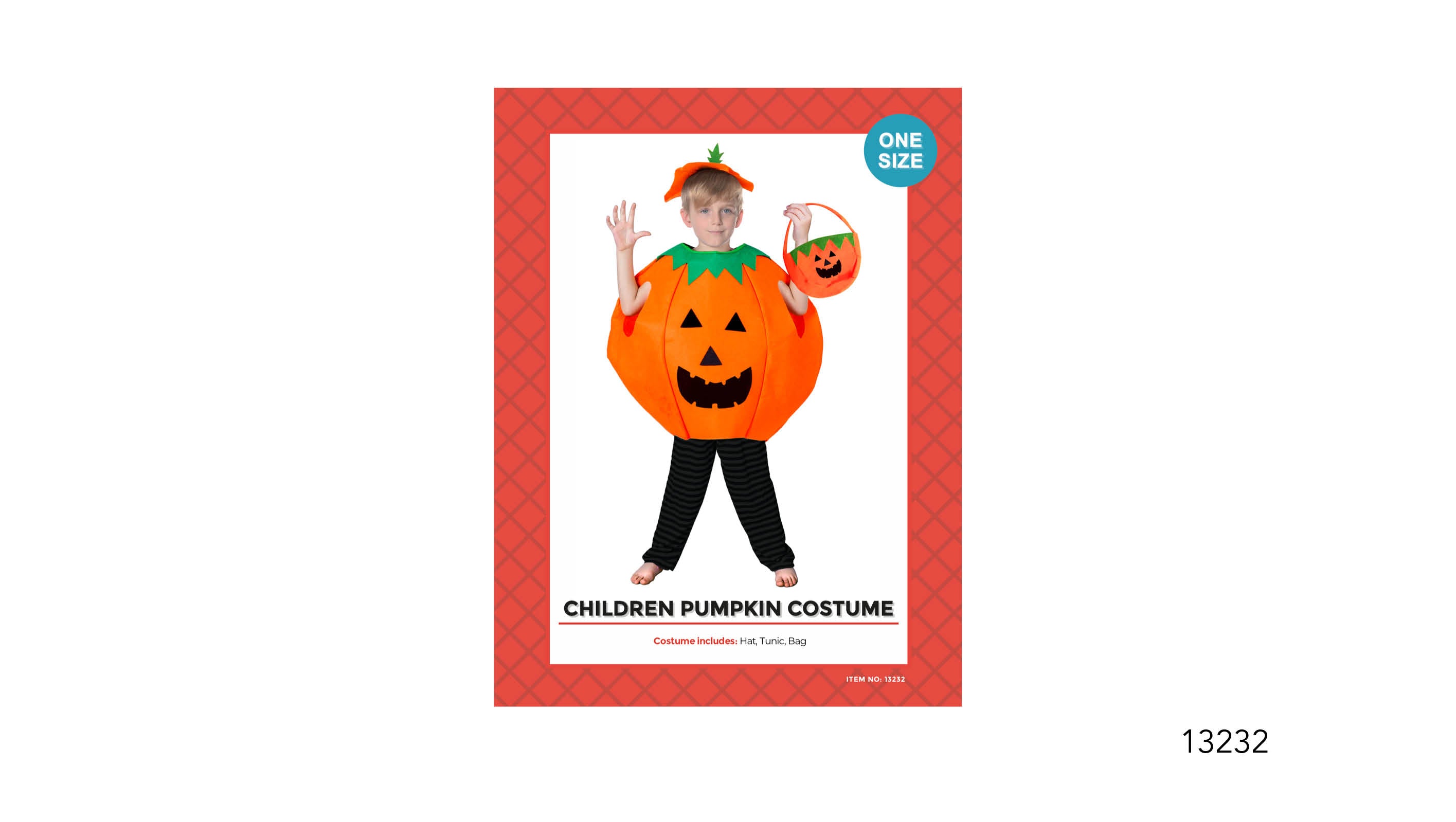 bright orange felt tunic shaped like a pumpkin; black jack-o'-lantern face on front; green felt leaf neckline detail; matching orange felt hat with green leaf; small orange pumpkin-shaped bag included;