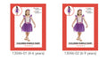 purple dress with layered tulle skirt; flower decorations on bodice; model wearing white sandals; two size options indicated 4-6 years and 6-9 years;