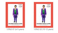 purple long coat/jacket; green vest underneath coat; striped purple trousers; includes top with attached jacket and pants; modelled by child with face paint;