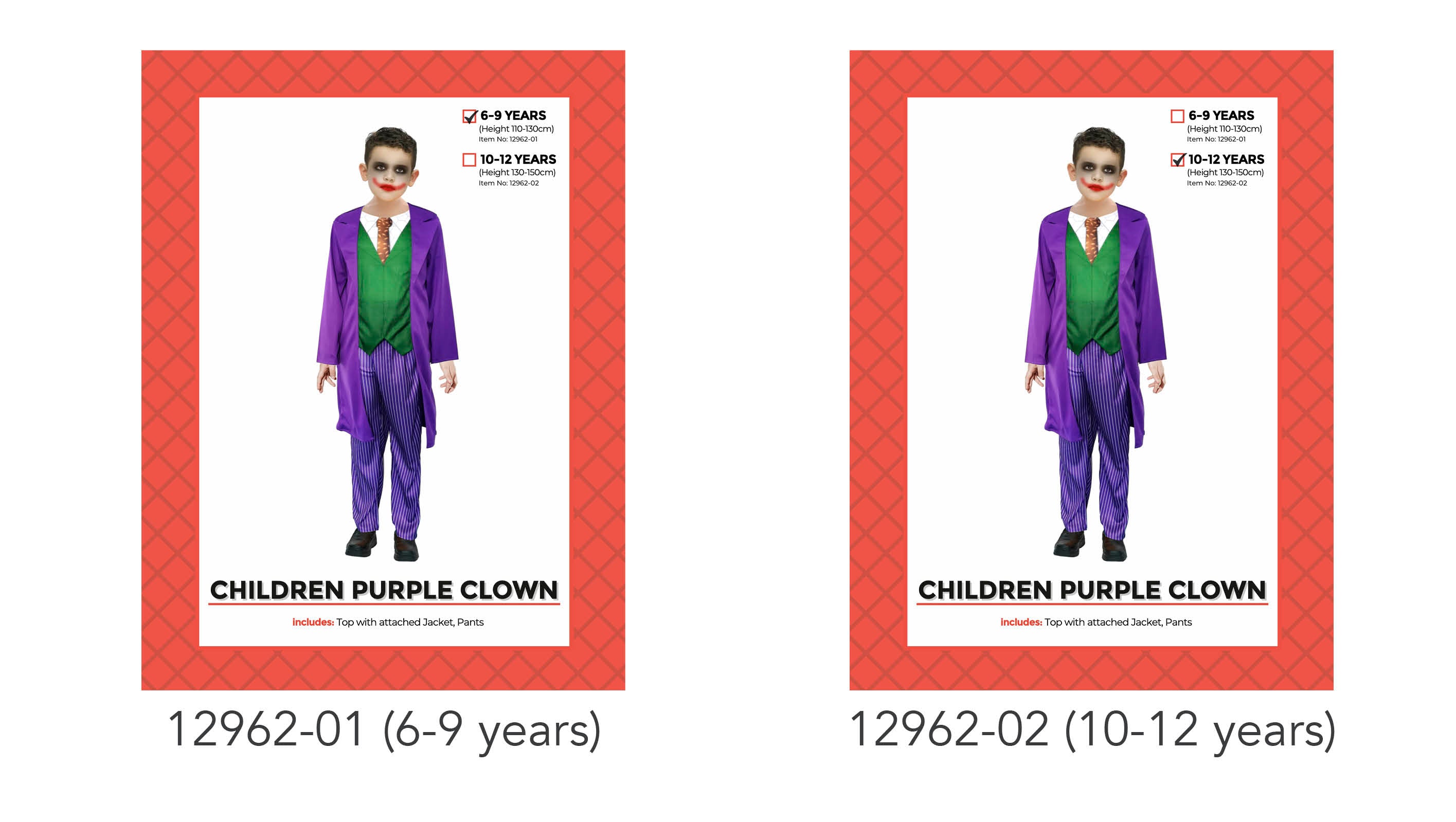 purple long coat/jacket; green vest underneath coat; striped purple trousers; includes top with attached jacket and pants; modelled by child with face paint;