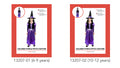 purple and black long dress; striped black and purple long sleeves; matching purple witch hat with black band; belt detail on dress; children's size available;