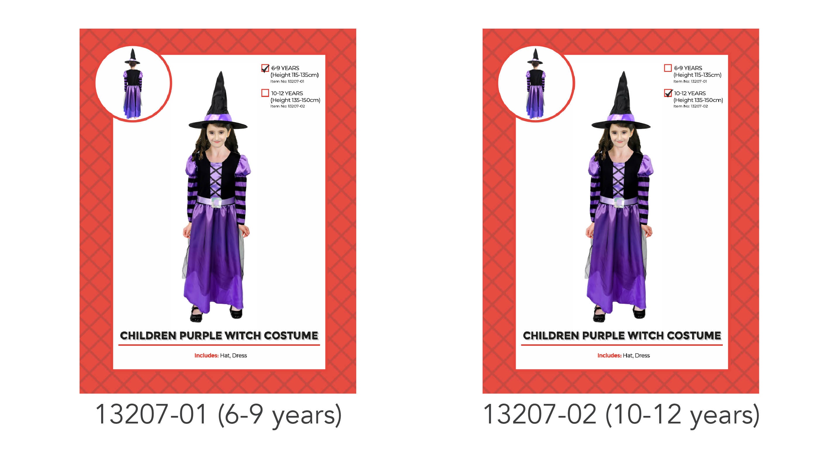 purple and black long dress; striped black and purple long sleeves; matching purple witch hat with black band; belt detail on dress; children's size available;