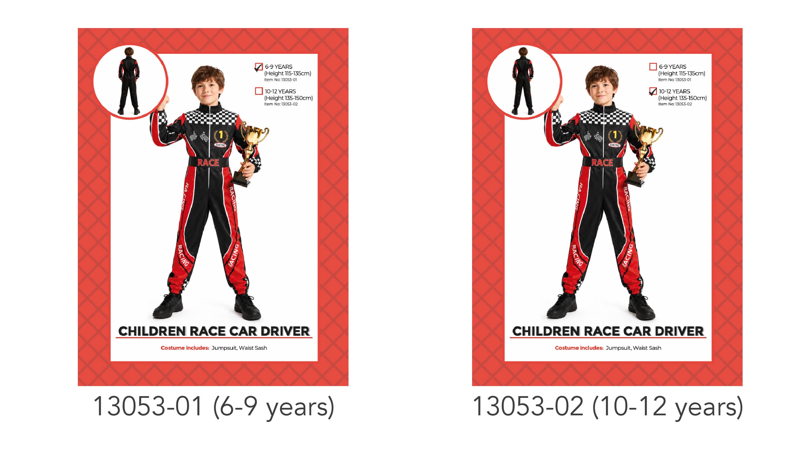 Black and red jumpsuit with white checkered flag print; Number 1 Racing emblem on chest; Includes matching waist sash; Child model wearing black shoes; Full length jumpsuit with zip front;