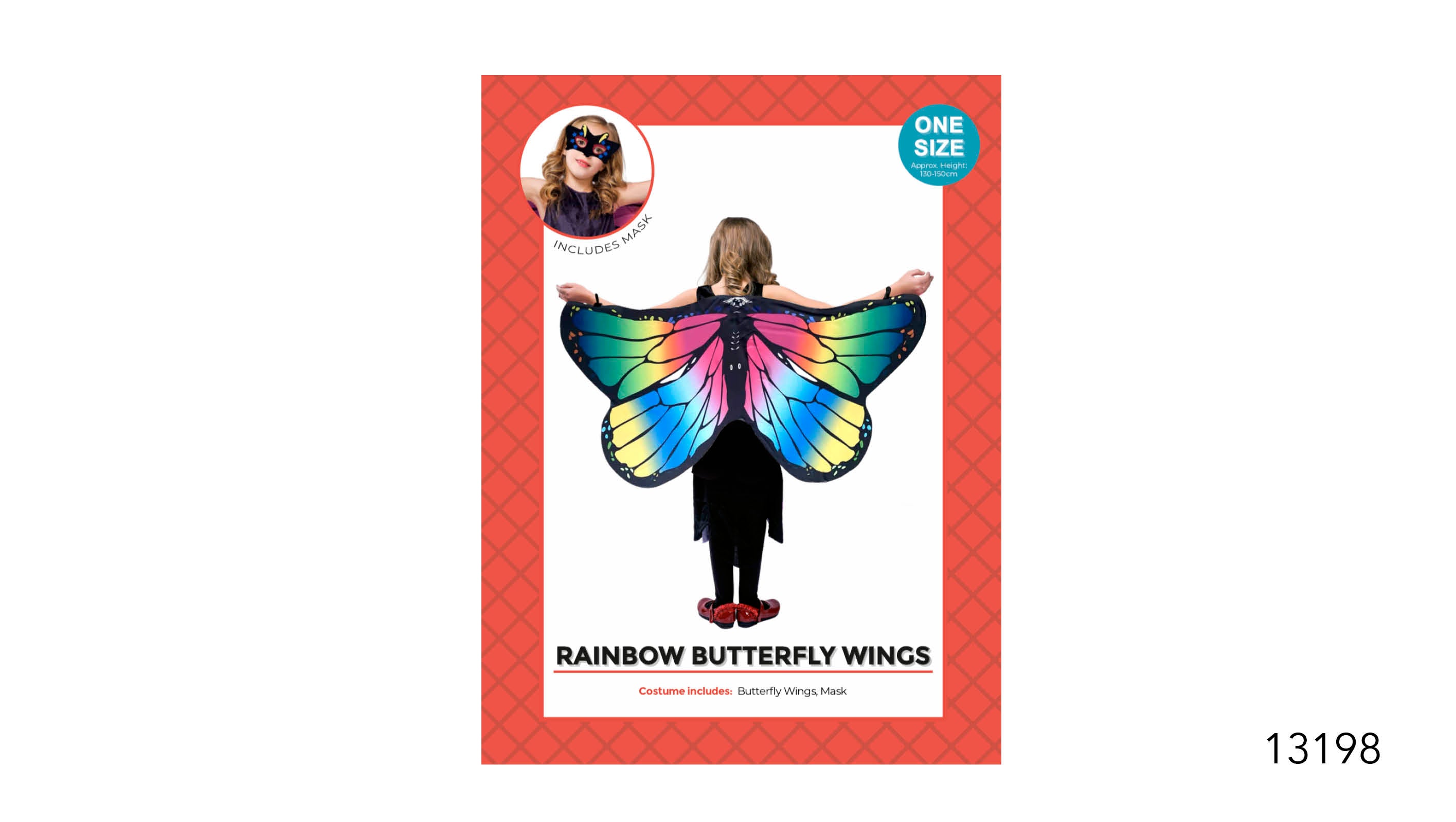 Rainbow coloured butterfly wing design; Includes black and rainbow coloured mask; One size for children approx. 130-150cm height; Wings worn on back with arm loops;