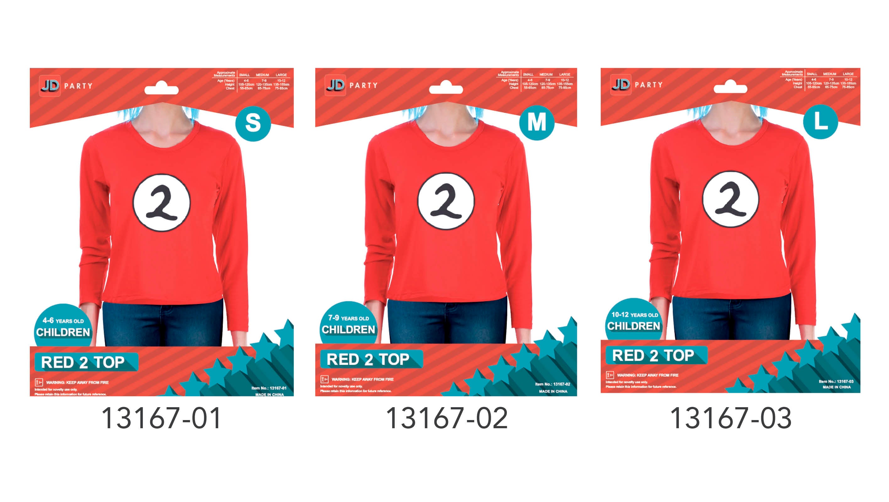 Red colour long sleeve top; Black number 2 printed inside white circle on front; Packaging shows sizes Small, Medium, Large; JD Party brand packaging; Model wears blue jeans;