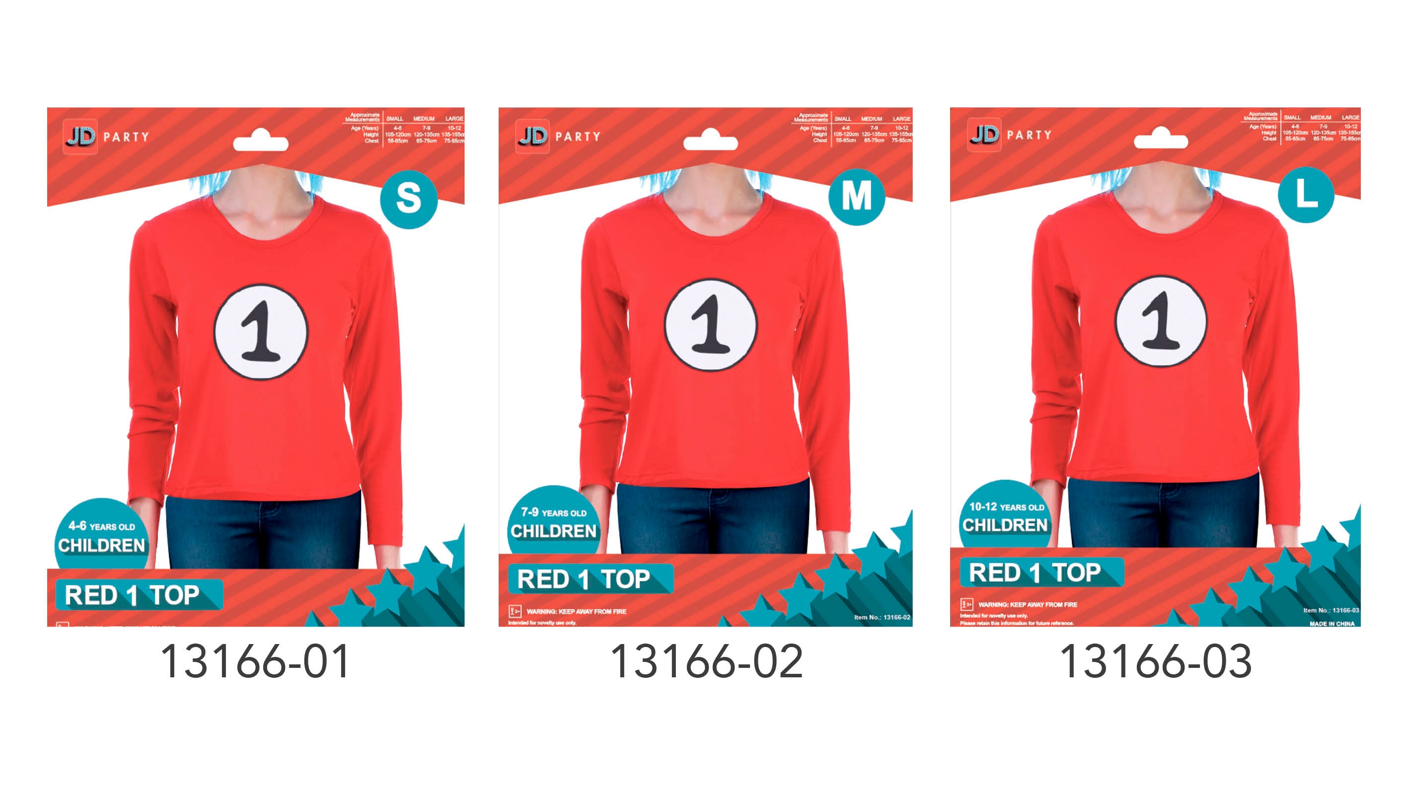 red colour; long sleeves; number 1 printed in white circle; packaged with orange and blue branded header; available in small, medium, large sizes;