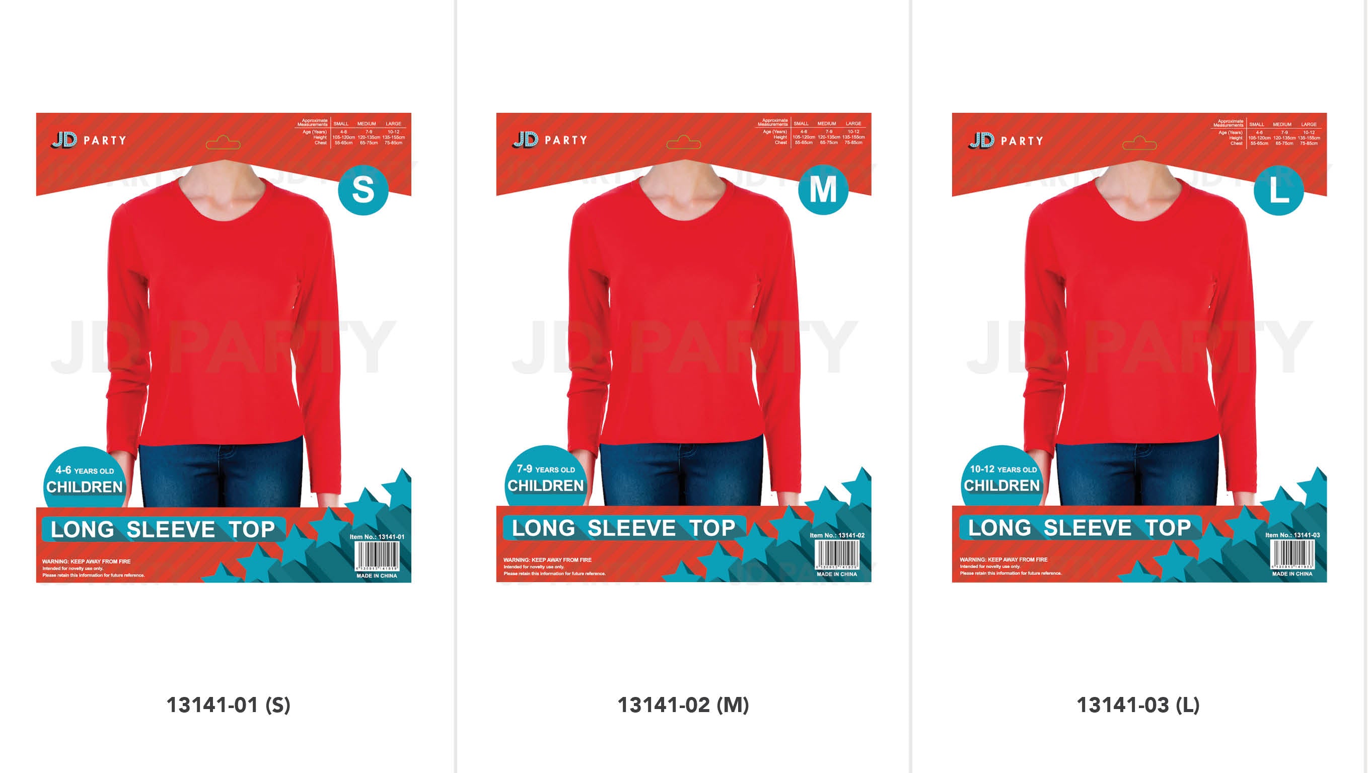 Bright red colour; Long sleeve design; Round neckline; Plain style without prints; Packaging with size labels S, M, L;