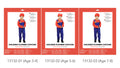 red hat with white emblem; red long-sleeve top; blue overalls with yellow buttons; matching blue pants; child size apparel in packaging;