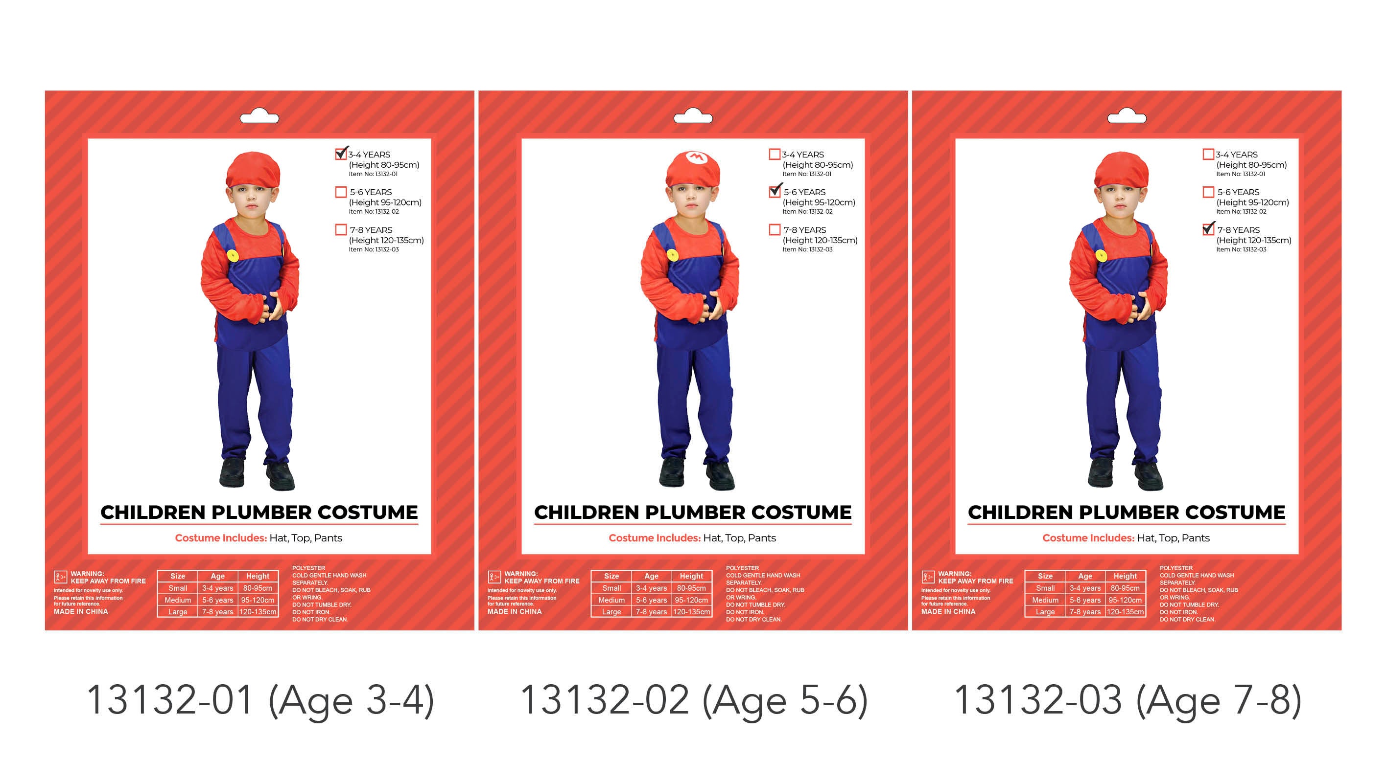 red hat with white emblem; red long-sleeve top; blue overalls with yellow buttons; matching blue pants; child size apparel in packaging;
