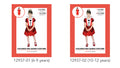 Red dress with black heart designs on front panel; White high collar on dress; Puffed short sleeves with black accents; Gold crown headpiece with red heart detail; Dress length suitable for children aged 10-12 years;