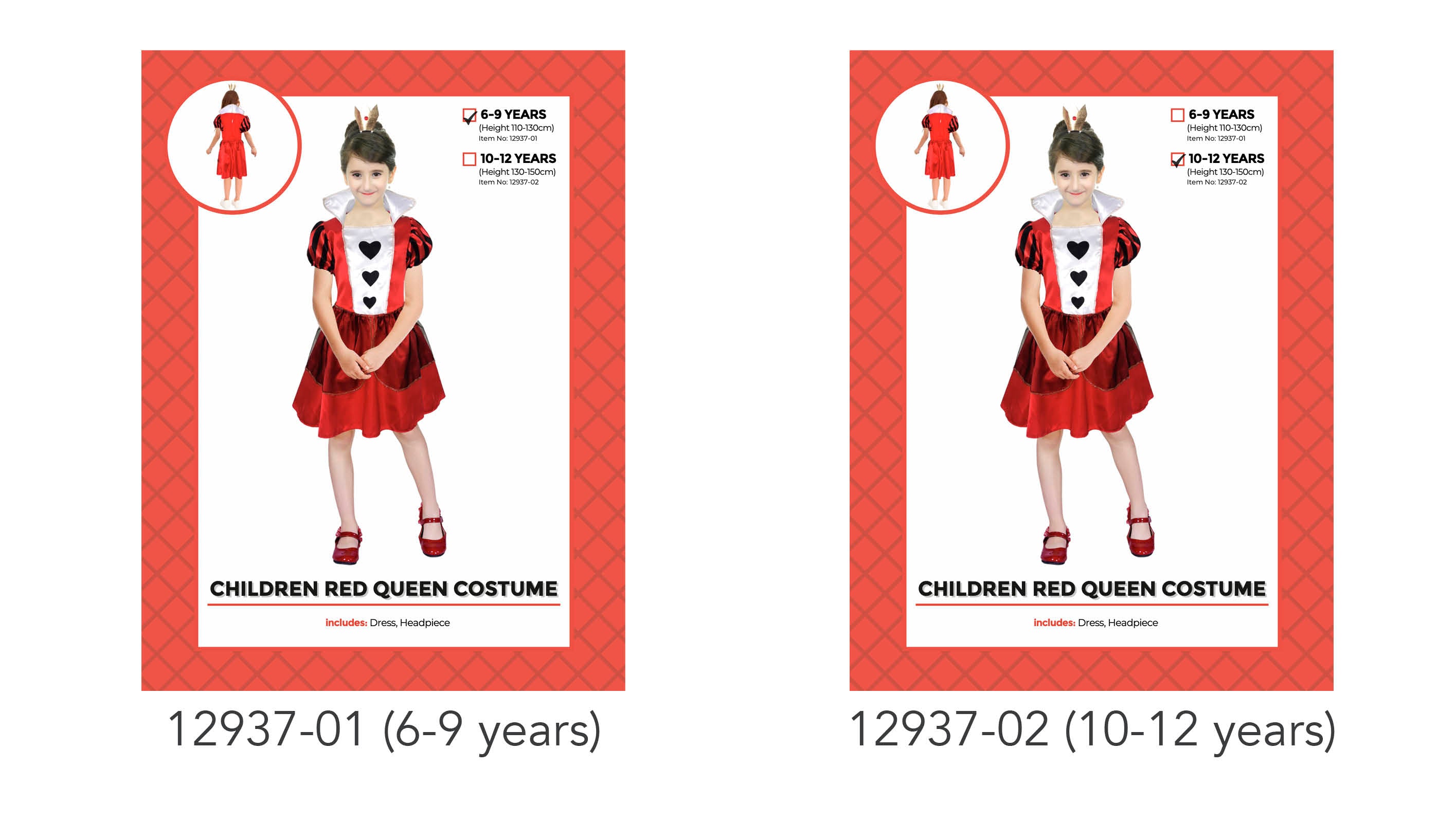 Red dress with black heart designs on front panel; White high collar on dress; Puffed short sleeves with black accents; Gold crown headpiece with red heart detail; Dress length suitable for children aged 10-12 years;