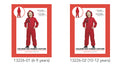 red hooded jumpsuit; includes mask with face design; front zipper on jumpsuit; elastic cuffs on sleeves and legs; available in 6-9 and 10-12 years sizes;