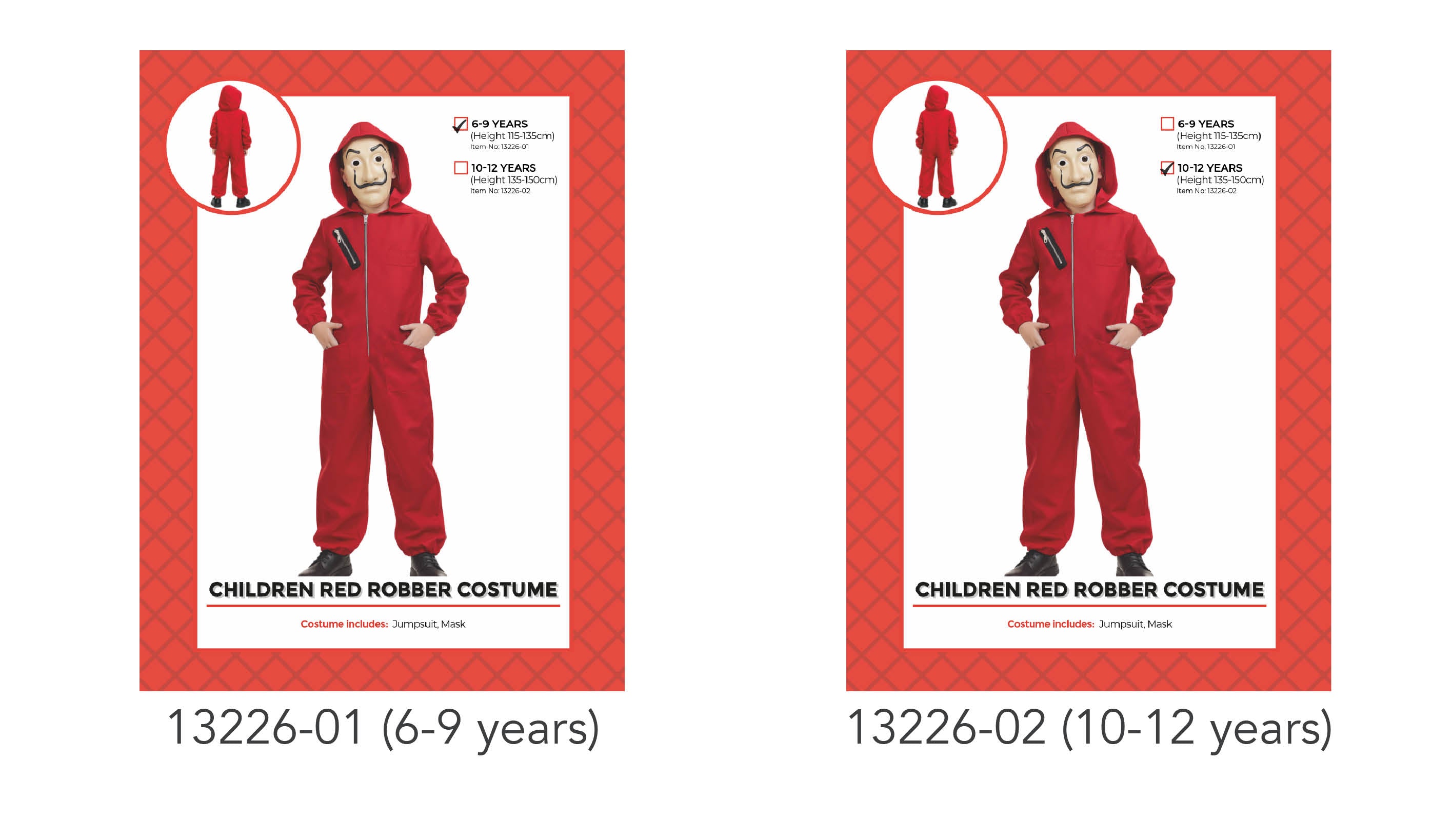 red hooded jumpsuit; includes mask with face design; front zipper on jumpsuit; elastic cuffs on sleeves and legs; available in 6-9 and 10-12 years sizes;