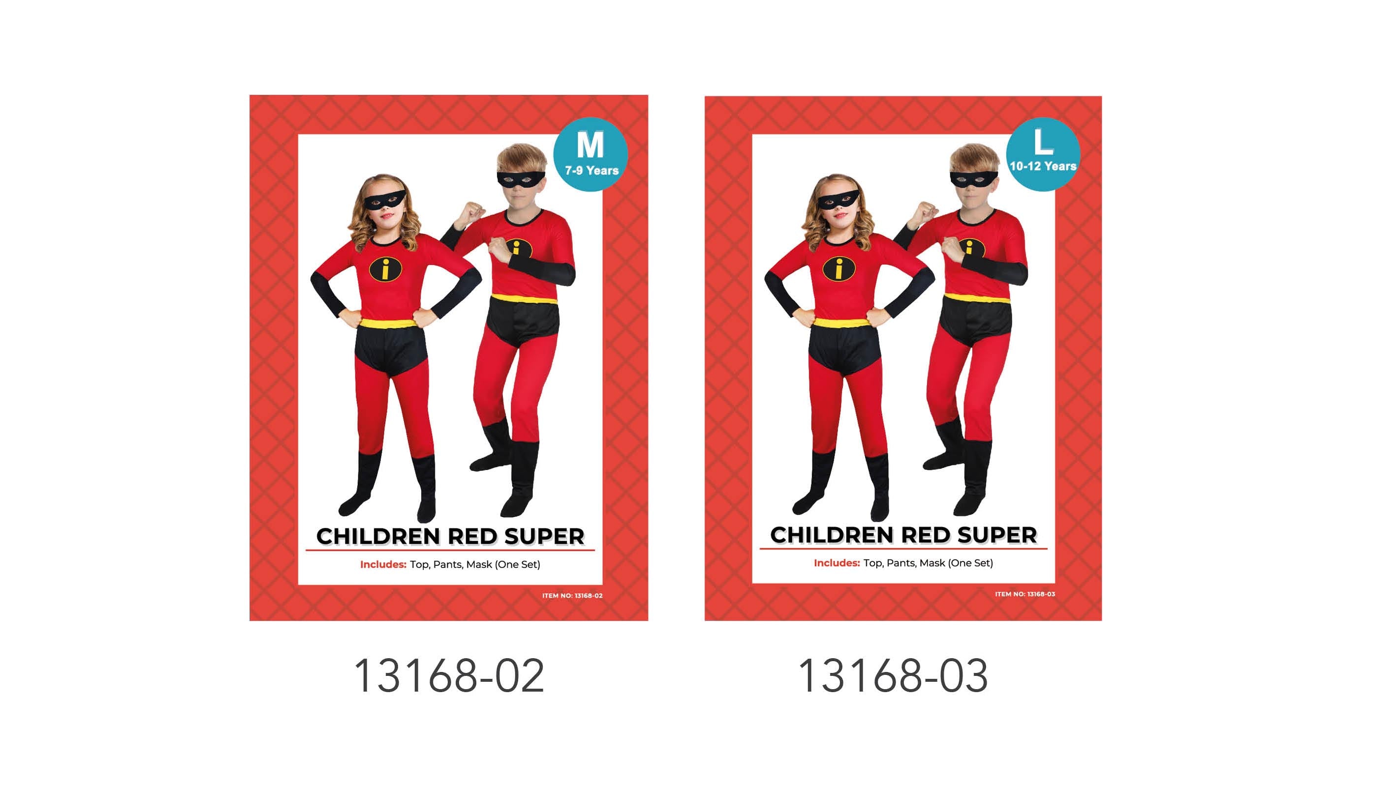 red and black costume with yellow belt detail; includes top, pants, and black mask; available in medium and large sizes; child models wearing costume; long-sleeve design;