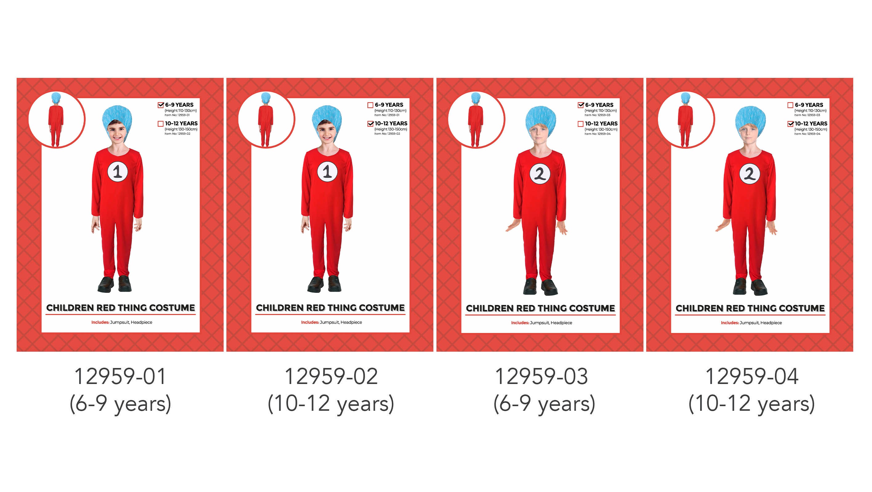 Red full-body jumpsuit; White circle with number 1 or 2 on chest; Blue headpiece resembling hair; Long sleeves and legs; Child models in costume;