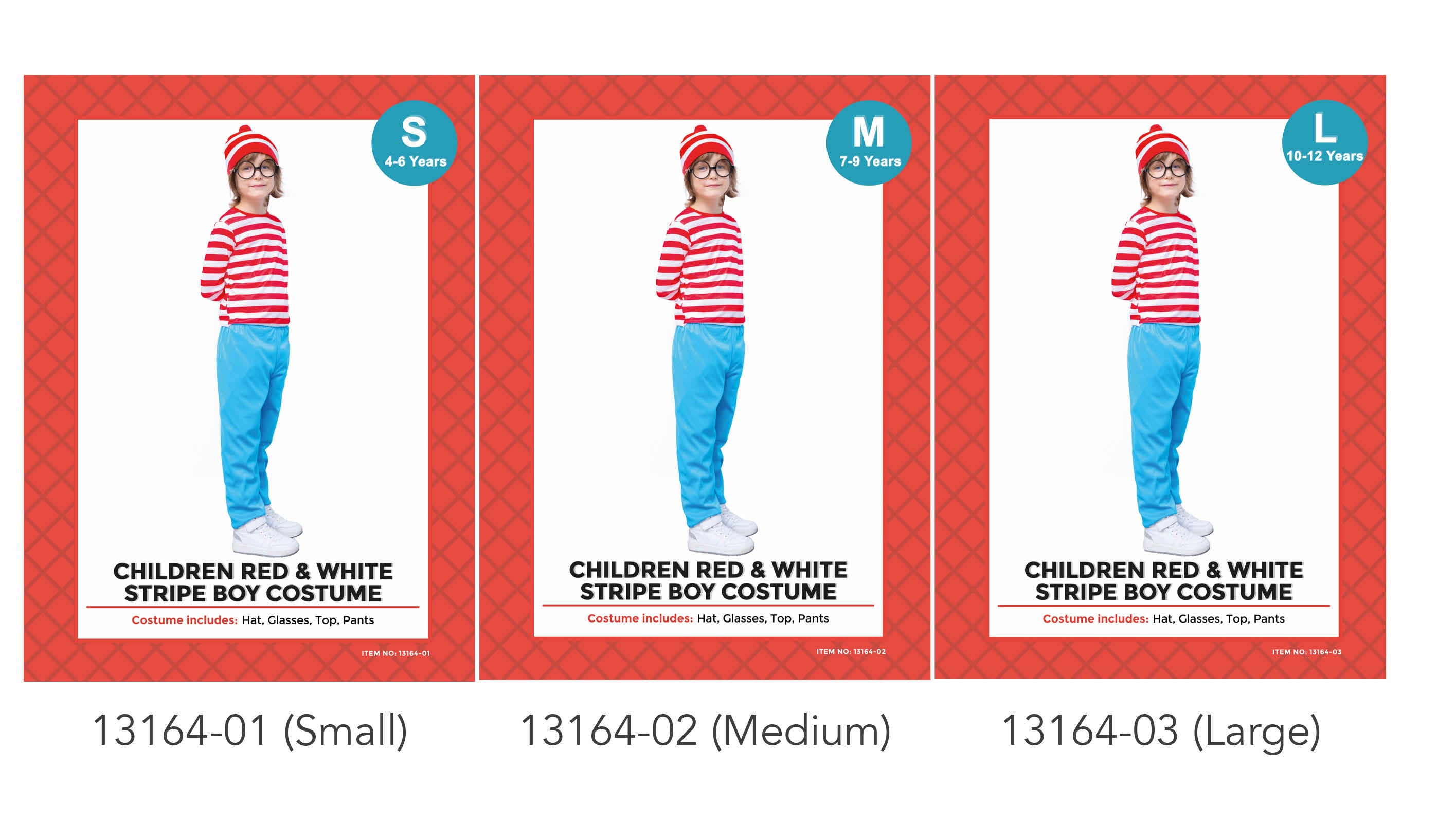 Red and white striped long-sleeve top; Bright blue pants; Red and white striped hat; Round black glasses; Child model wearing costume in various sizes;