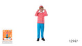 Red and white horizontal striped long sleeve top; Bright blue pants; Red and white beanie hat; Child wearing black shoes;