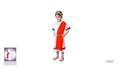 white tunic with black and gold trim on sleeves and hem; red fabric sash worn across the shoulder; gold laurel headpiece; rope belt around waist;