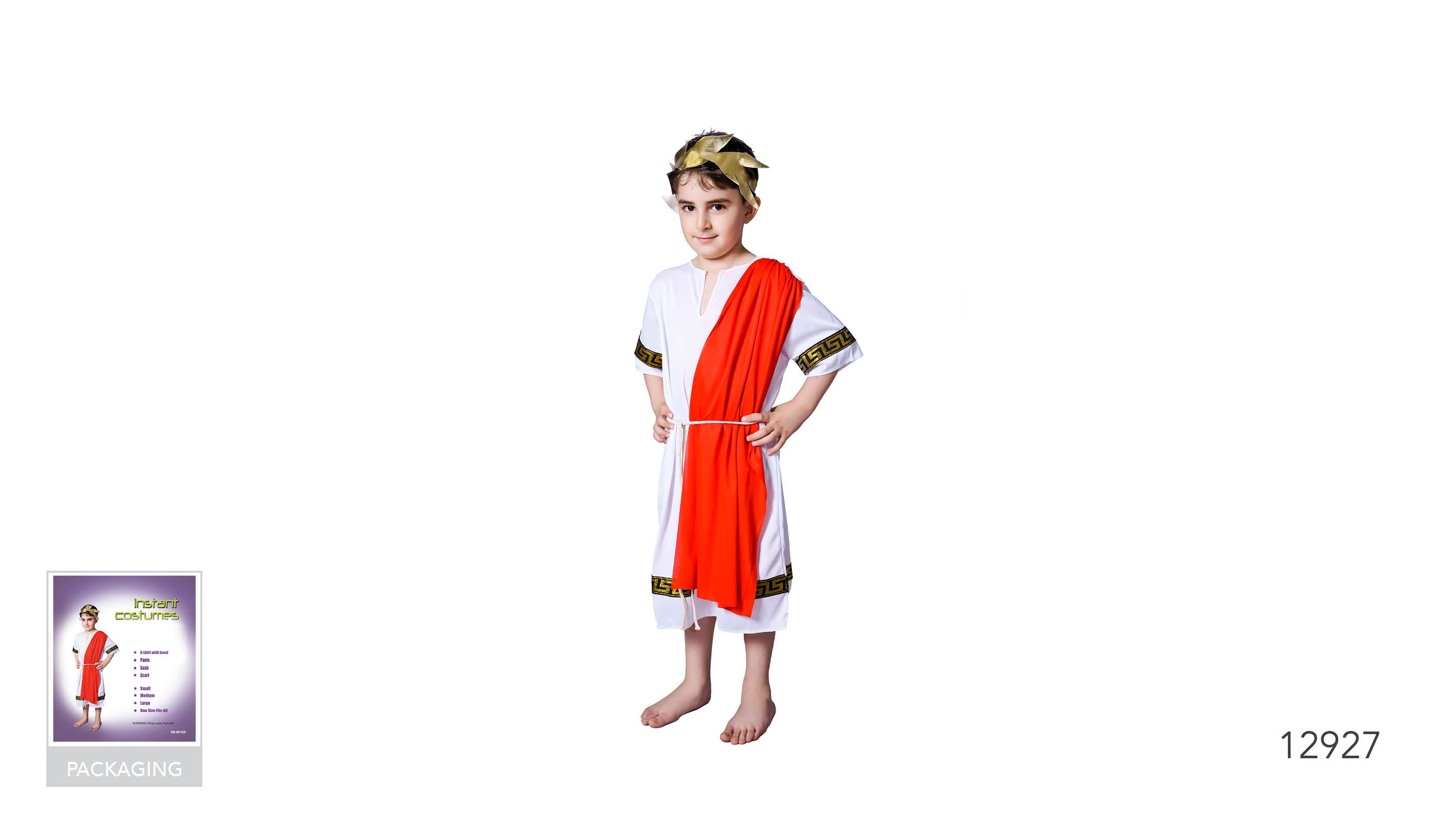 white tunic with black and gold trim on sleeves and hem; red fabric sash worn across the shoulder; gold laurel headpiece; rope belt around waist;
