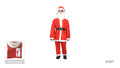 red and white Santa suit; includes jacket, pants, belt, hat, and beard; white trim on jacket, pants, and hat; black belt on the jacket; packaged garment with visible label;