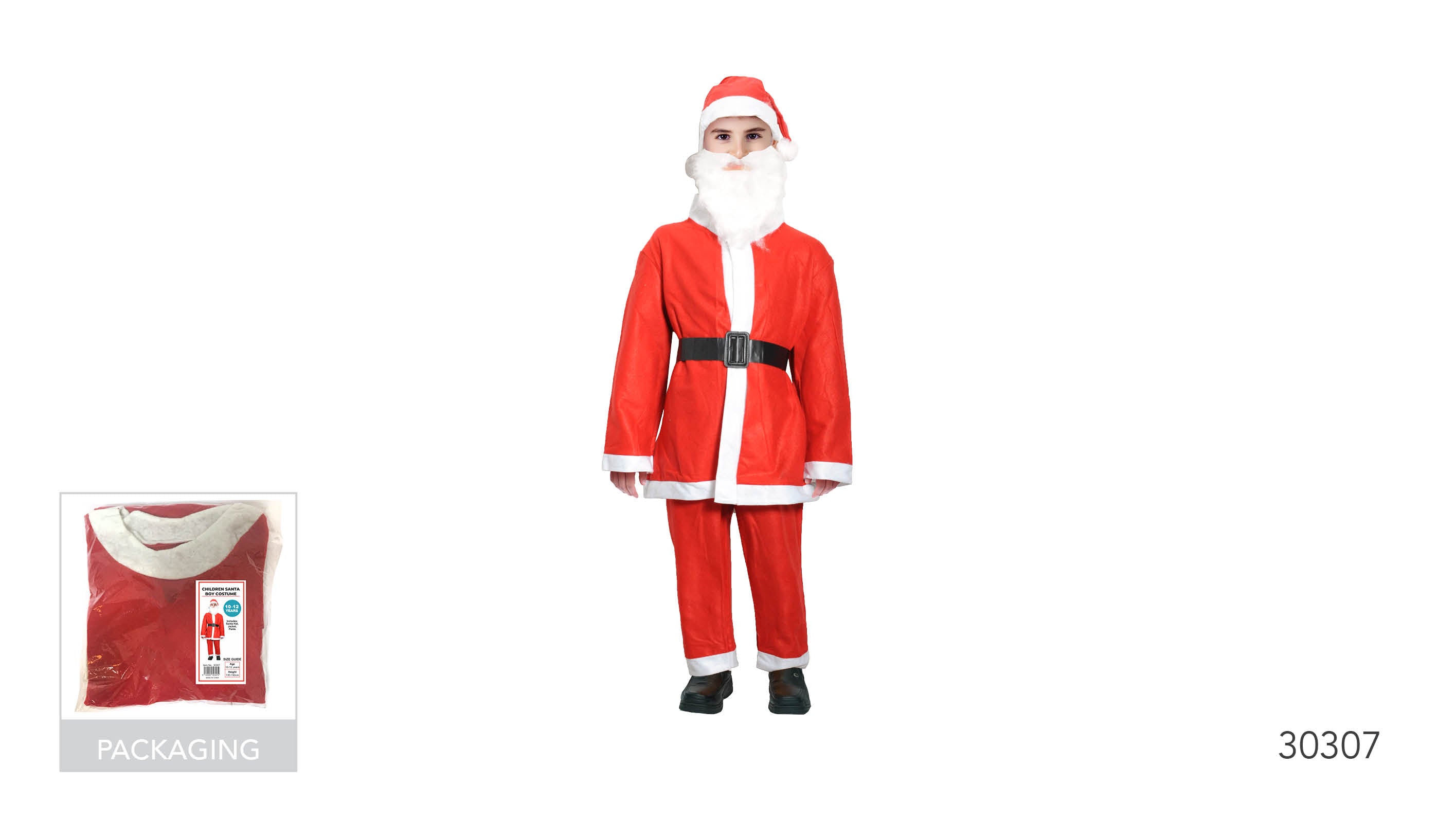 red and white Santa suit; includes jacket, pants, belt, hat, and beard; white trim on jacket, pants, and hat; black belt on the jacket; packaged garment with visible label;