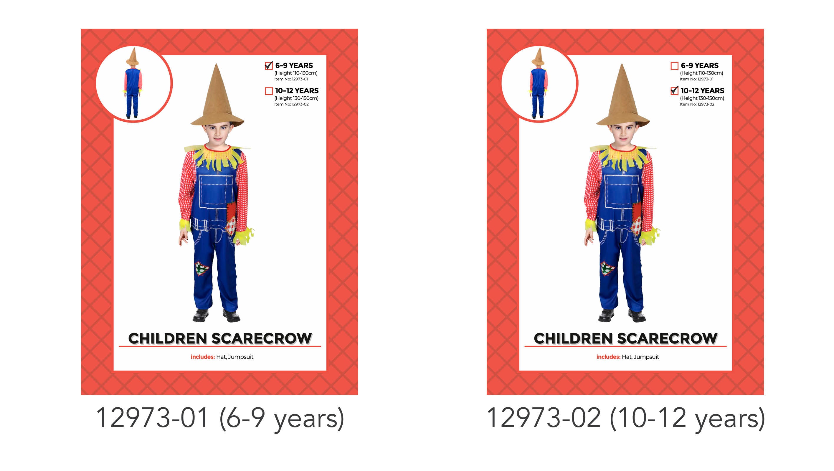 Bright blue jumpsuit with colourful patch details; Red and white check patterned sleeves; Yellow straw-like collar and cuffs; Pointed brown scarecrow hat; Full body jumpsuit matching the scarecrow theme;