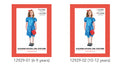 blue dress with puff sleeves; subtle school-themed print on skirt; red bow headband; model holds a red book; available in 6-9 and 10-12 years;