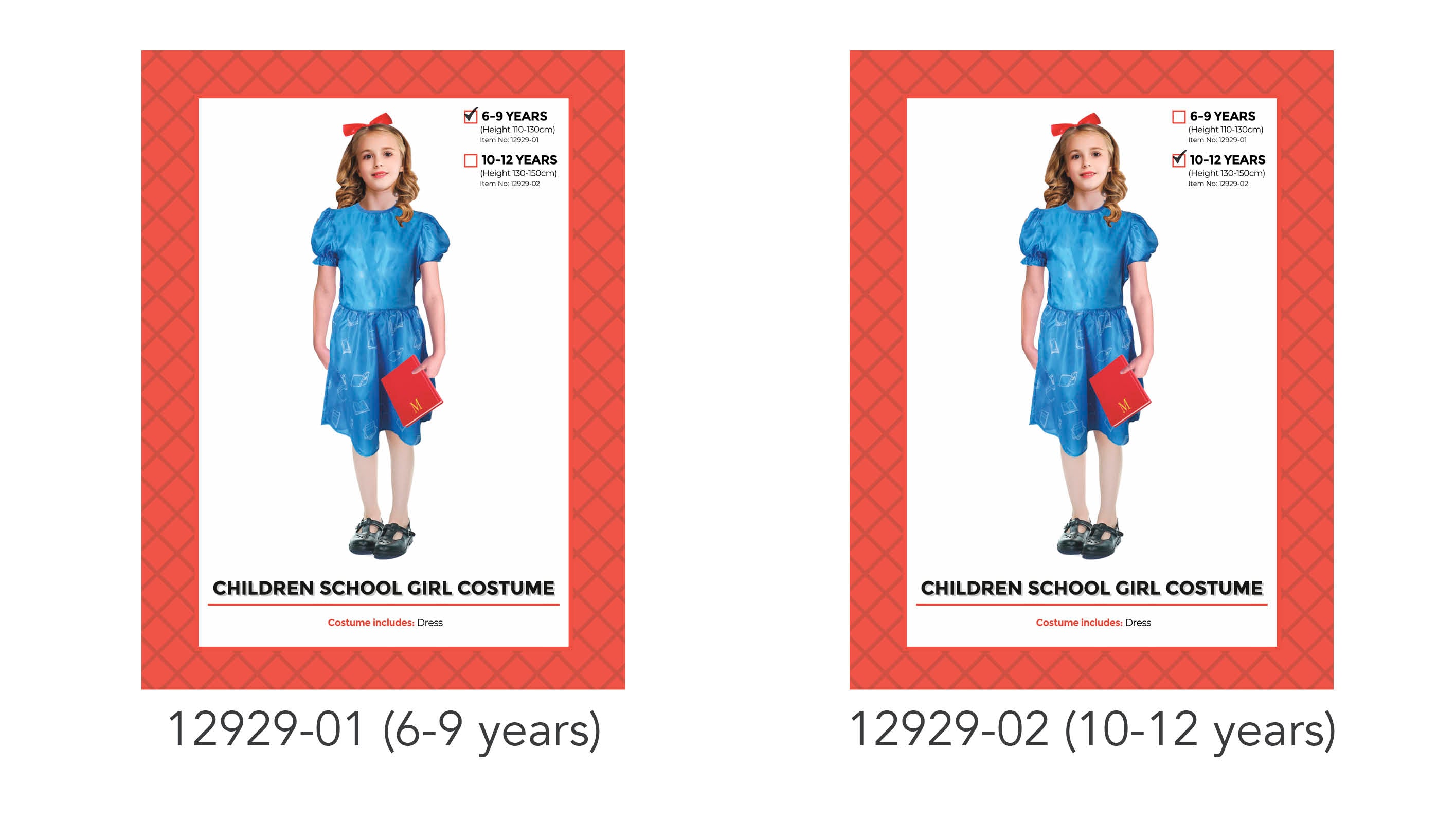 blue dress with puff sleeves; subtle school-themed print on skirt; red bow headband; model holds a red book; available in 6-9 and 10-12 years;