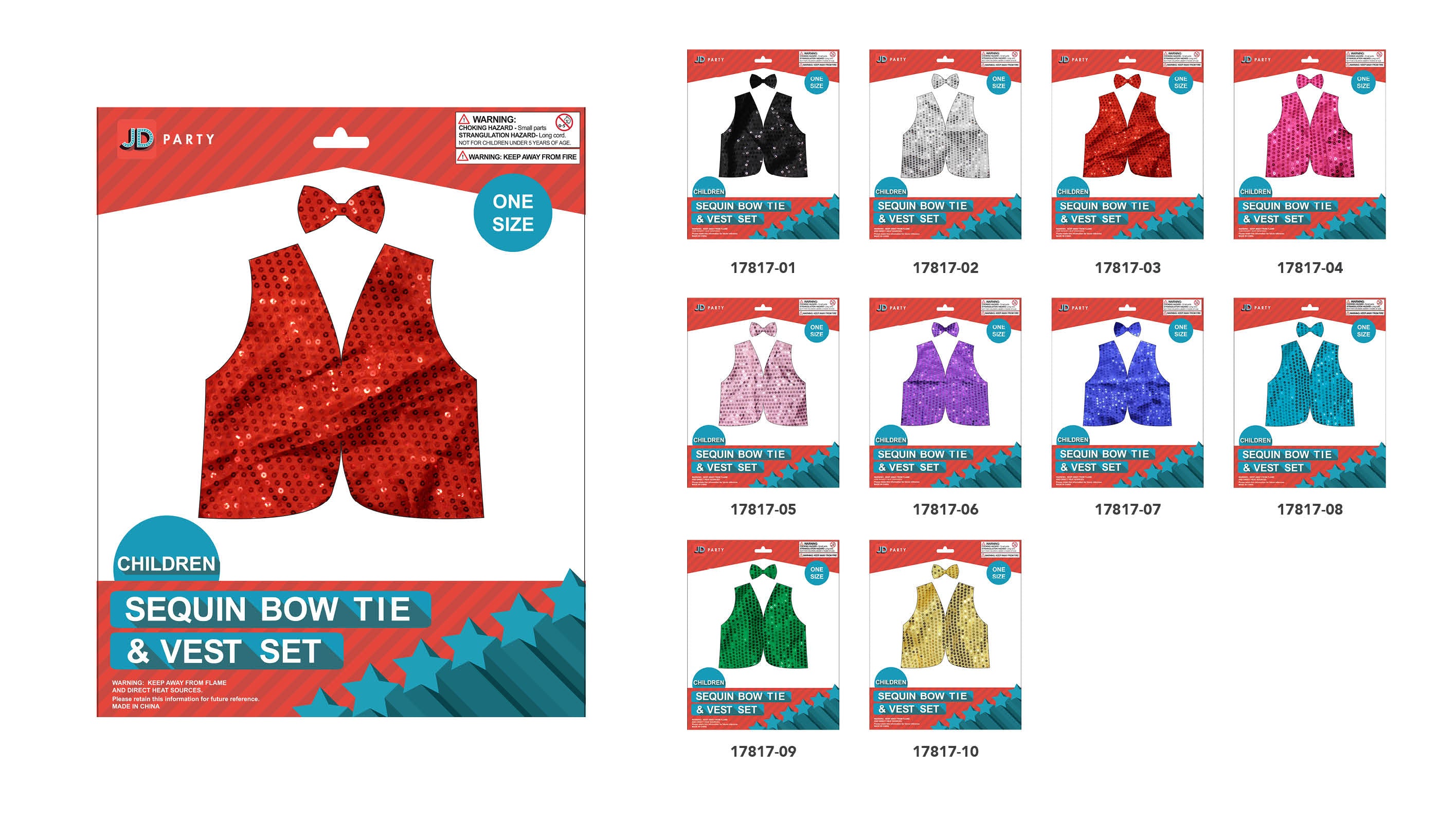 red sequin bow tie and vest set; packaged on a red and white card; one size label on packaging; bow tie and vest shown together; packaging includes warning label;
