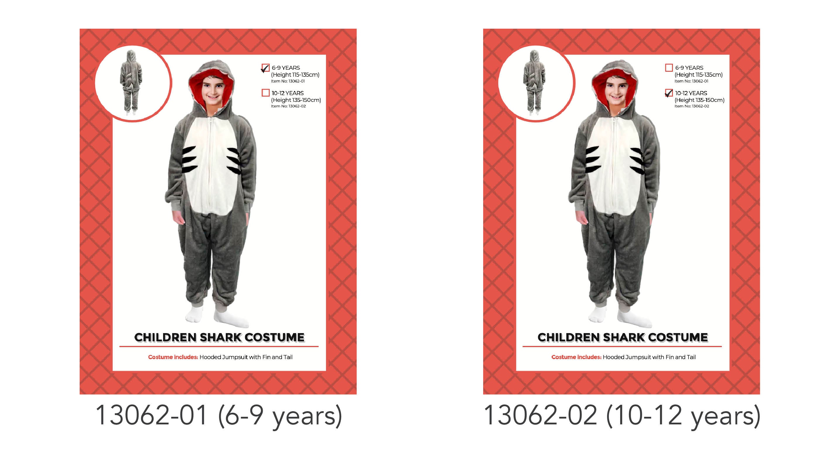 grey and white colour scheme; hooded jumpsuit style; black fin shapes on sides; full zip front; attached shark fin and tail;