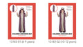 Beige long sleeve robe; Striped purple and white robe overlay; Matching striped hat; Child dressed in costume showing front and back;