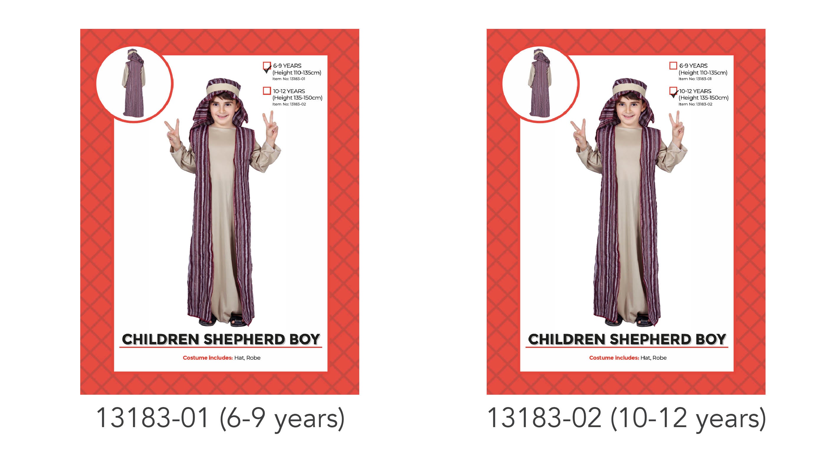 Beige long sleeve robe; Striped purple and white robe overlay; Matching striped hat; Child dressed in costume showing front and back;