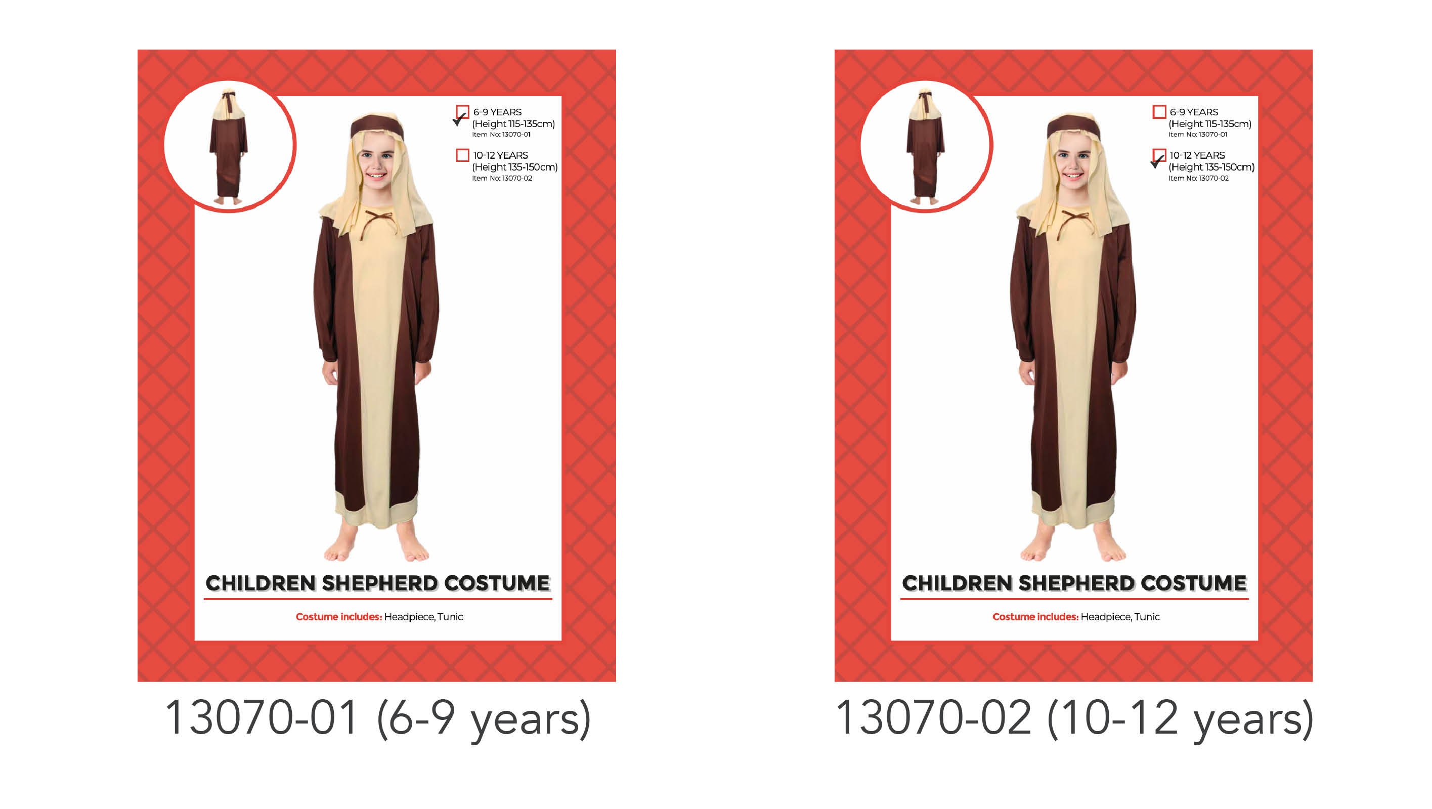 brown and cream tunic; matching headpiece; full-length design; long sleeves; traditional shepherd style;