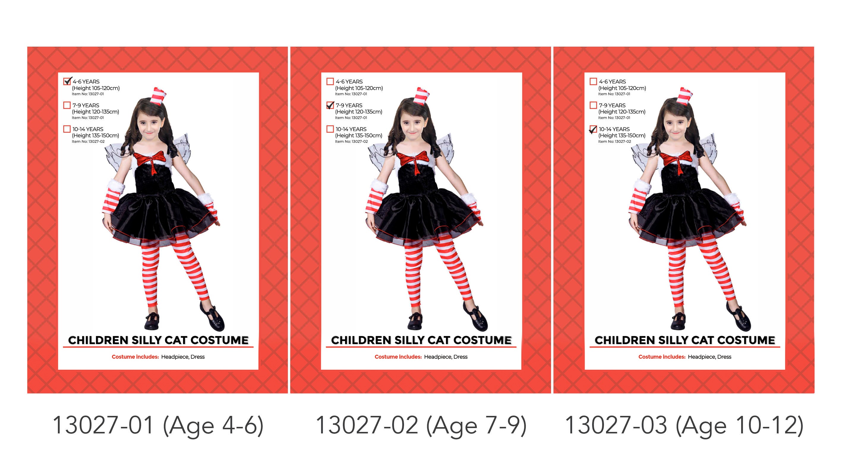 Black dress with red bow detail; White and red striped arm warmers and leggings; Includes headpiece; Dress has a flared skirt; Made for children aged 4-12;