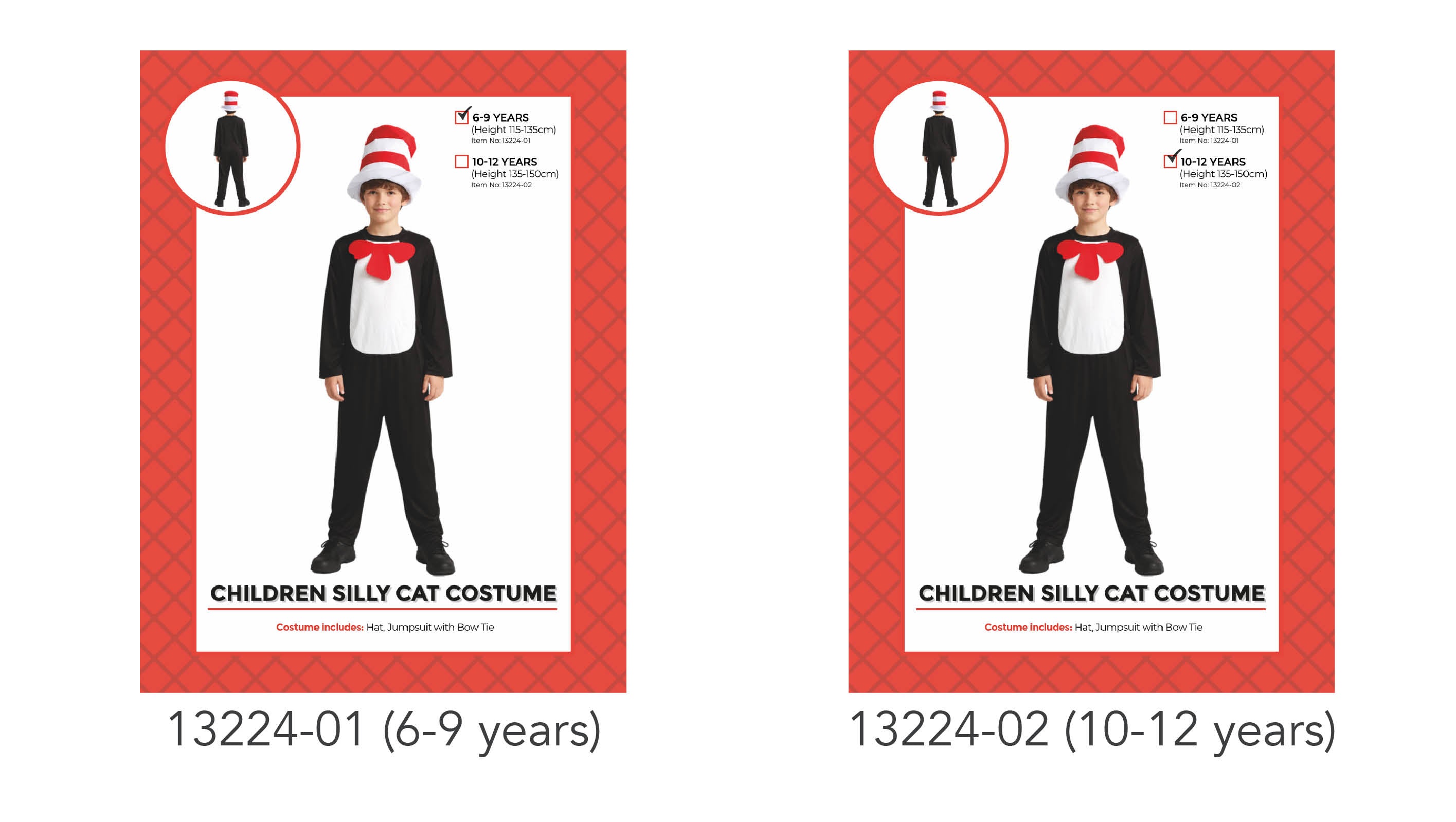Black jumpsuit with white front panel; Red bow tie on chest; Tall white and red striped hat; Child wearing costume shown; Available in 6-9 and 10-12 year sizes;