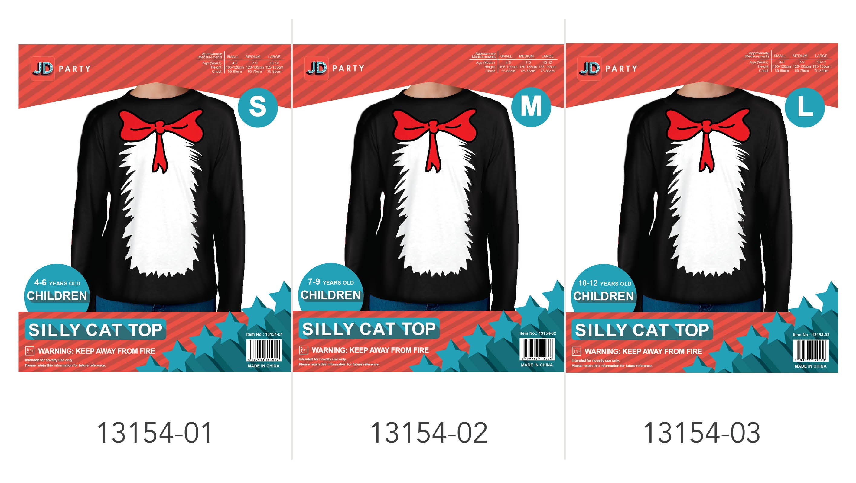 black long sleeve top; white cat graphic with red bow; packaged for children aged 4-12; sizes small, medium, large indicated;