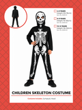 black jumpsuit with white skeleton print; attached hood with eye cutouts; long sleeves and pants; child size fit; simple, lightweight fabric;