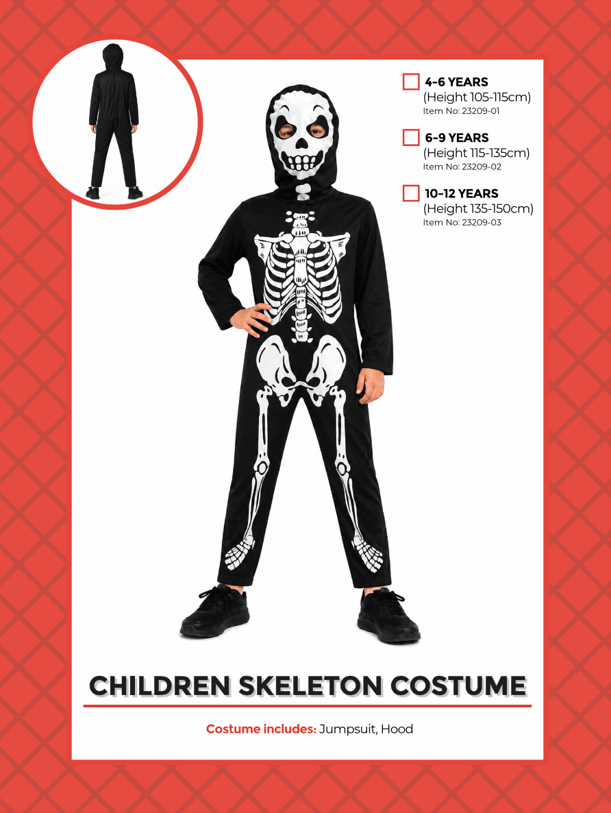 black jumpsuit with white skeleton print; attached hood with eye cutouts; long sleeves and pants; child size fit; simple, lightweight fabric;