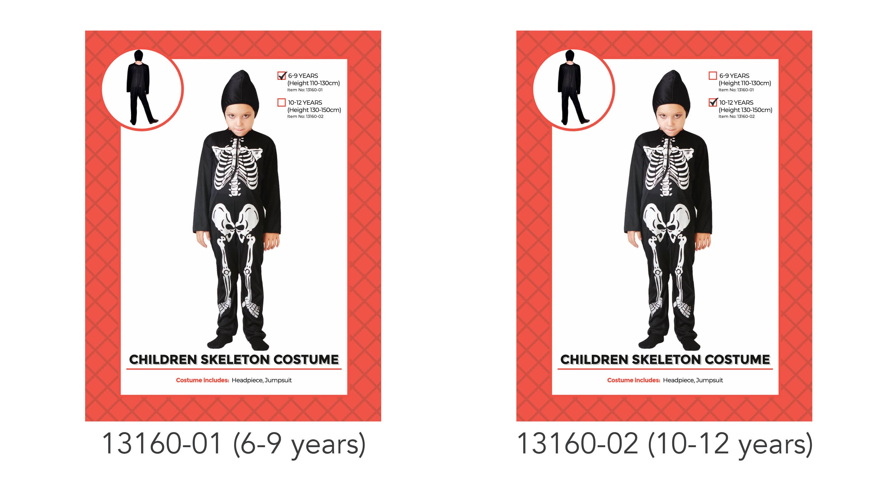 black jumpsuit with white skeleton print; matching black headpiece; full body suit with long sleeves and pants;