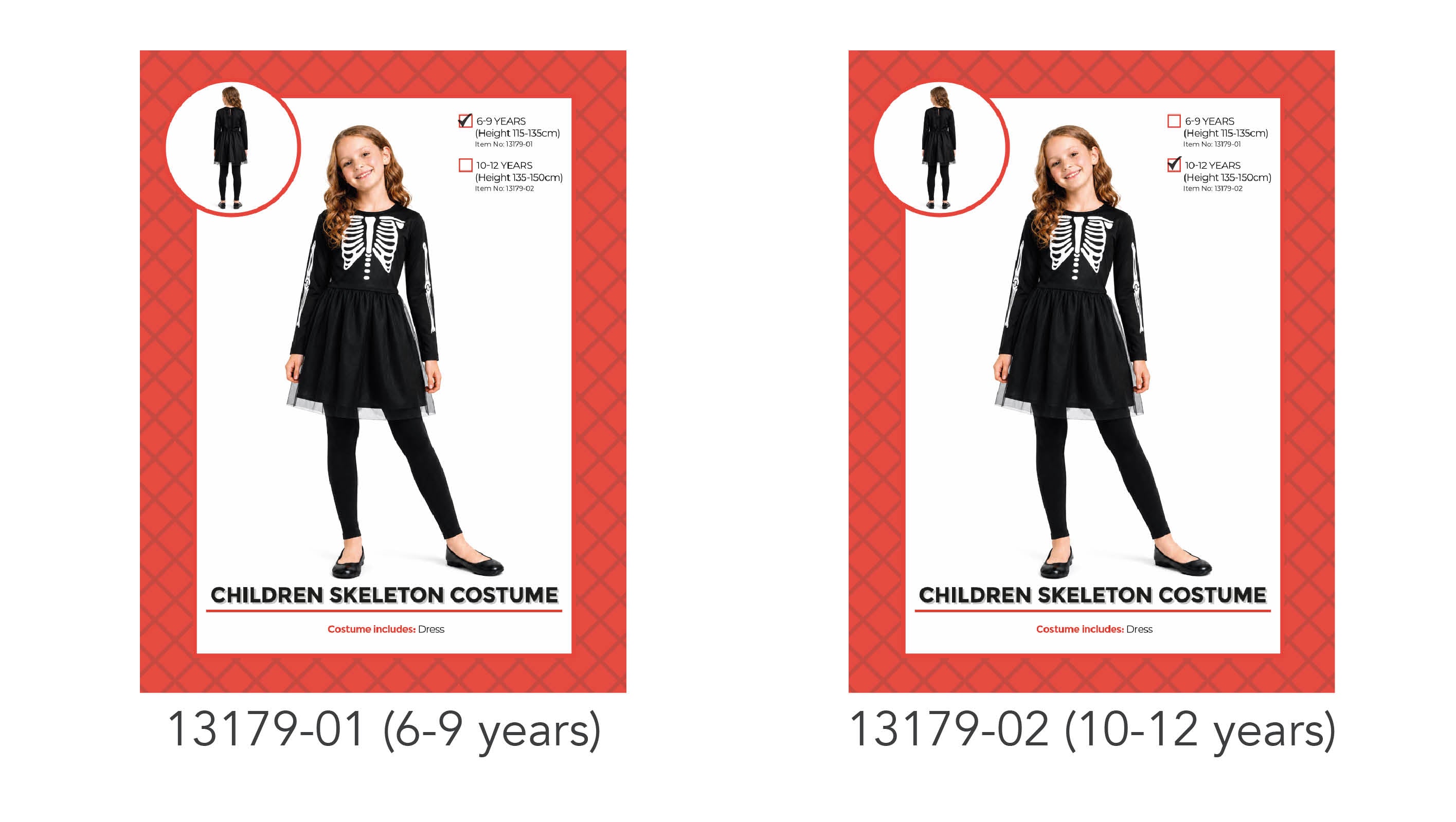 black dress with white skeleton print; long sleeves; tulle overlay on skirt; fits children aged 6-9 or 10-12 years;