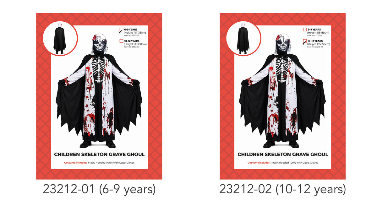 Black cape with jagged edges; White tunic with a black skeleton print and red distressed-style details; Skull-print hood or mask;