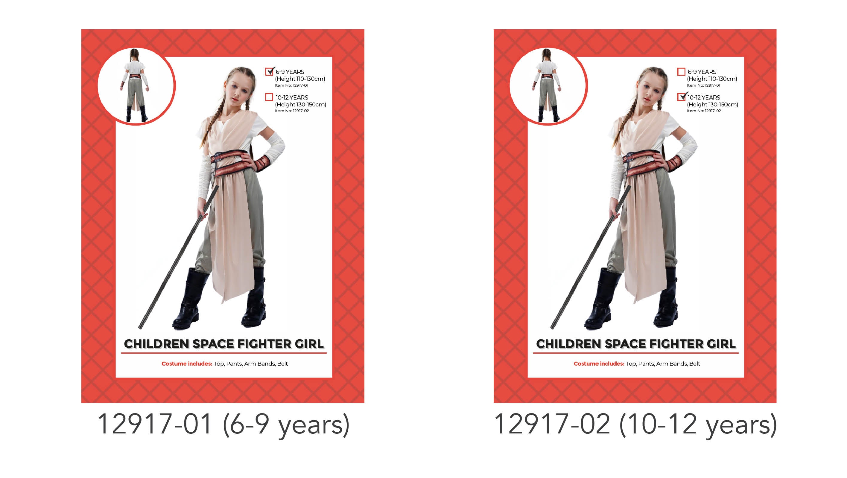 beige and grey costume with belt; includes long beige drape on front; white long sleeve arm bands; black boots worn by model; comes in two sizes for 6-9 and 10-12 year olds;
