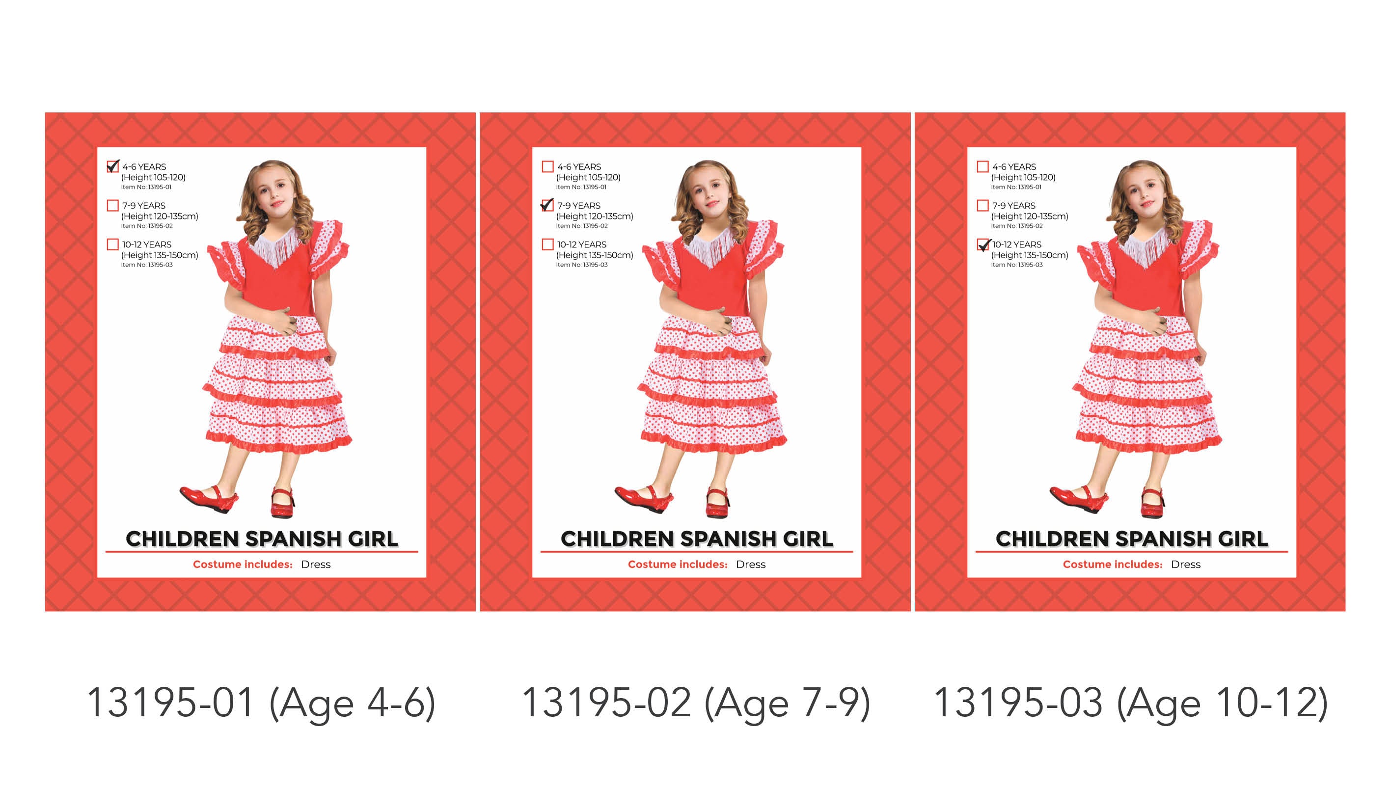 Red and white costume dress; Polka dot patterned skirt; Tiered ruffled skirt; Fringed neckline detail; Ruffled short sleeves;