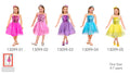 Bright shiny metallic bodice with criss-cross pattern; Full skirt with silver trim on layers; Available in pink, purple, blue, yellow colours; Includes matching headband or tiara; Thin shoulder straps;