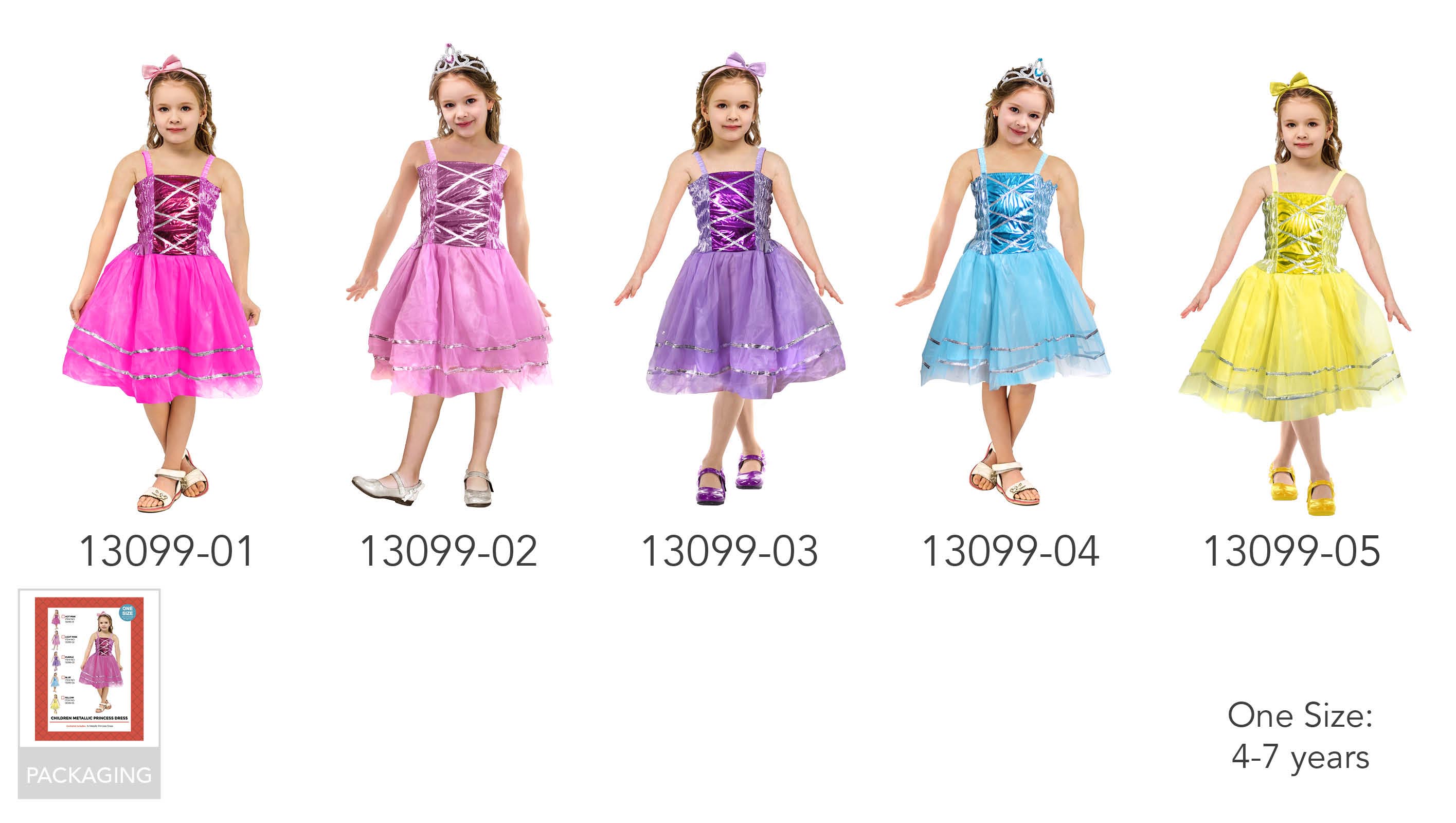 Bright shiny metallic bodice with criss-cross pattern; Full skirt with silver trim on layers; Available in pink, purple, blue, yellow colours; Includes matching headband or tiara; Thin shoulder straps;