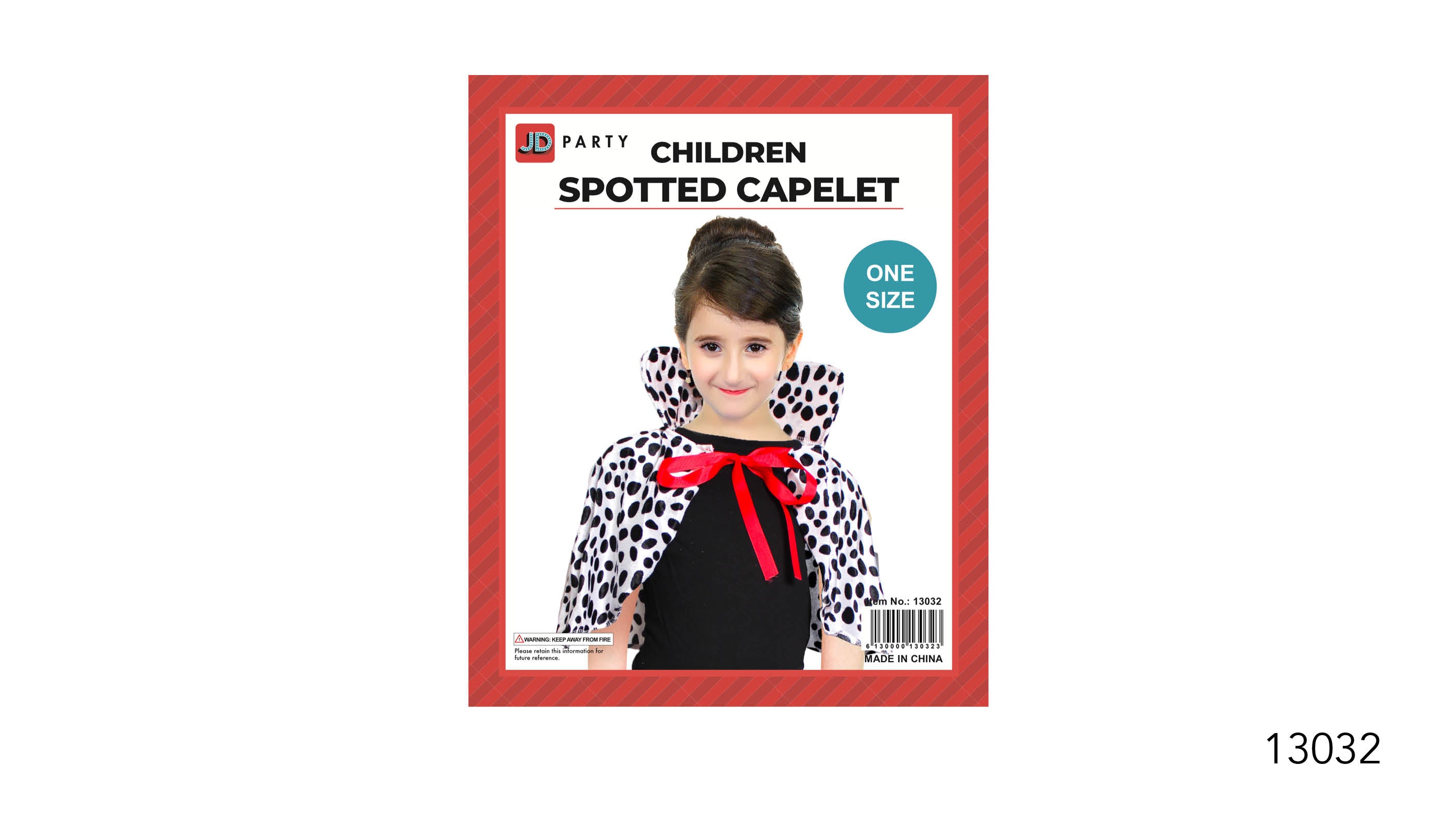 white capelet with black spots; red ribbon tie; high standing collar; one size indicated on packaging; packaged with photo of child model;