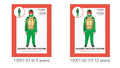 green jumpsuit with long sleeves and pants; yellow turtle shell design on front; red mask covering eyes; attached hood covering head;
