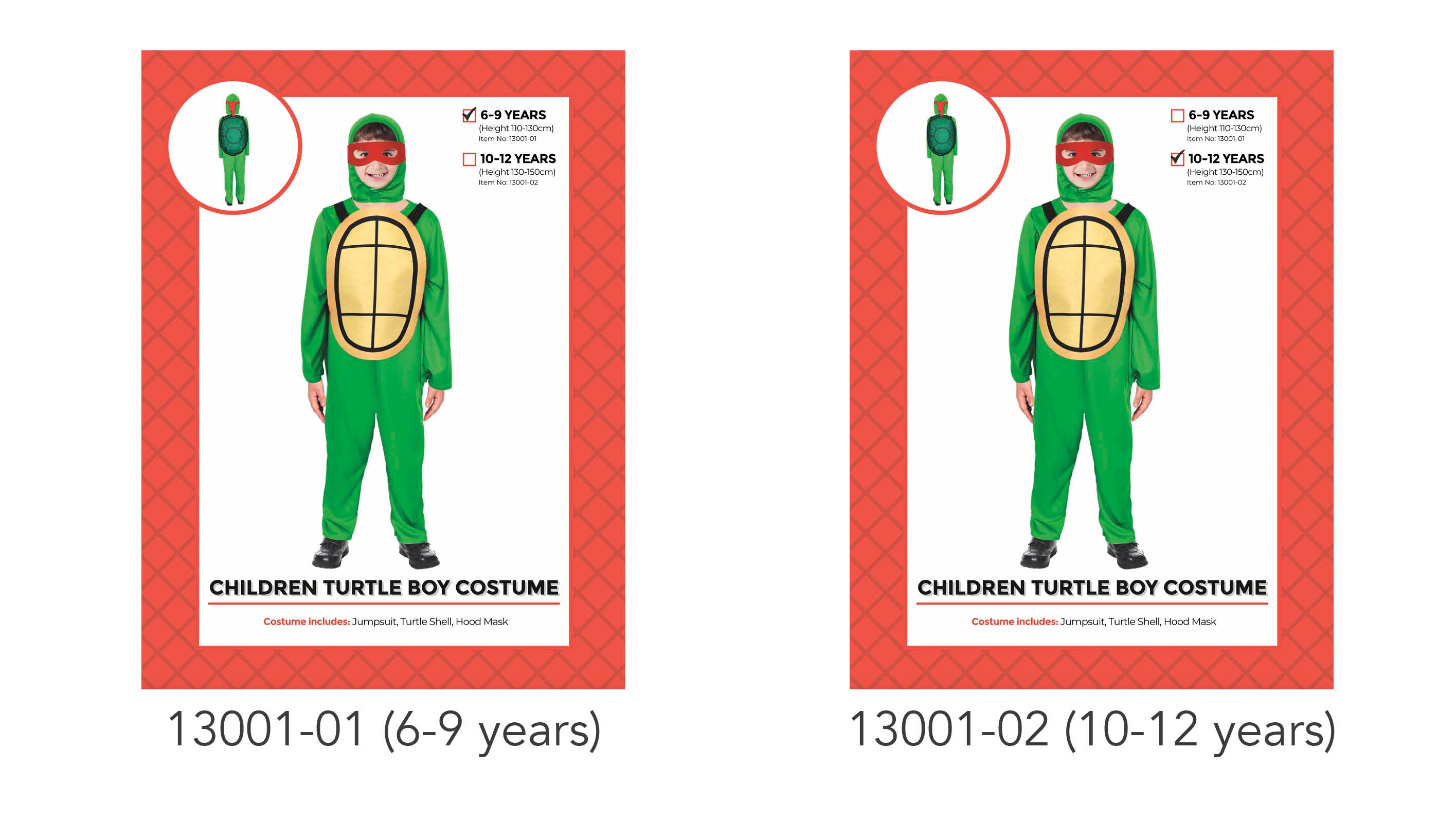 green jumpsuit with long sleeves and pants; yellow turtle shell design on front; red mask covering eyes; attached hood covering head;