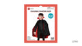 Black cape with red lining; Tall, pointed collar; Shown on packaging as polyester; Packaging states ages 10–14;