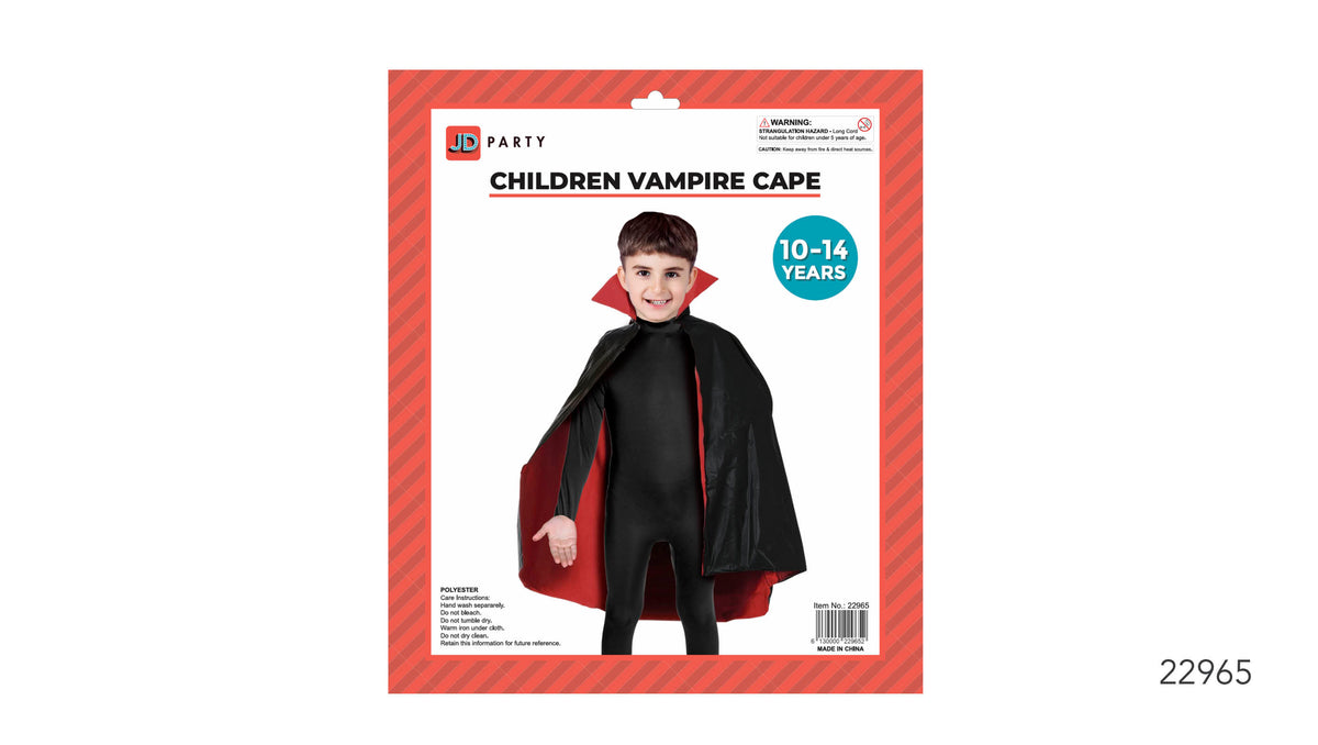 Black cape with red lining; Tall, pointed collar; Shown on packaging as polyester; Packaging states ages 10–14;